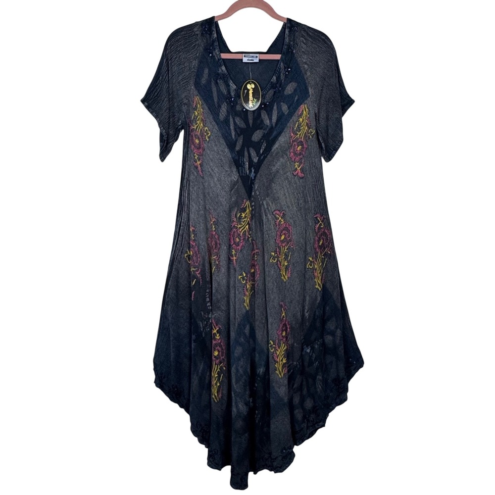 Shoreline Midi Dress Womens Blue Embroidered Sequin Sharkbite Boho Cottagecore